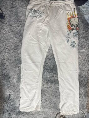 Ed Hardy White Sweatpants with Black Logo Tag